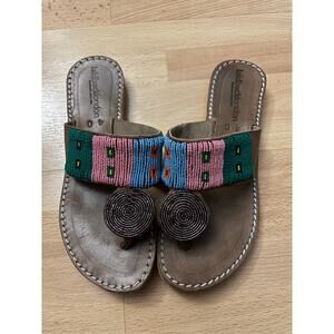 Laidback London Sandals Beaded Leather Thong Boho Sz US 9 / EU 40 Brown Tribal